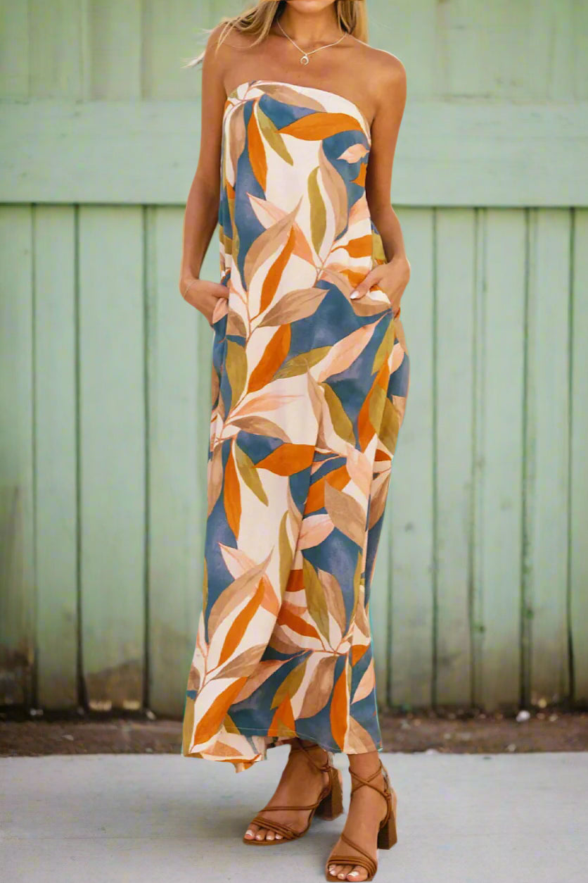 Leafy Print Maxi Dress Orange / Extra Small