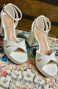 White Ankle Strap Block Heel