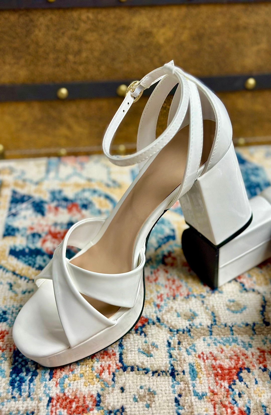 White Ankle Strap Block Heel