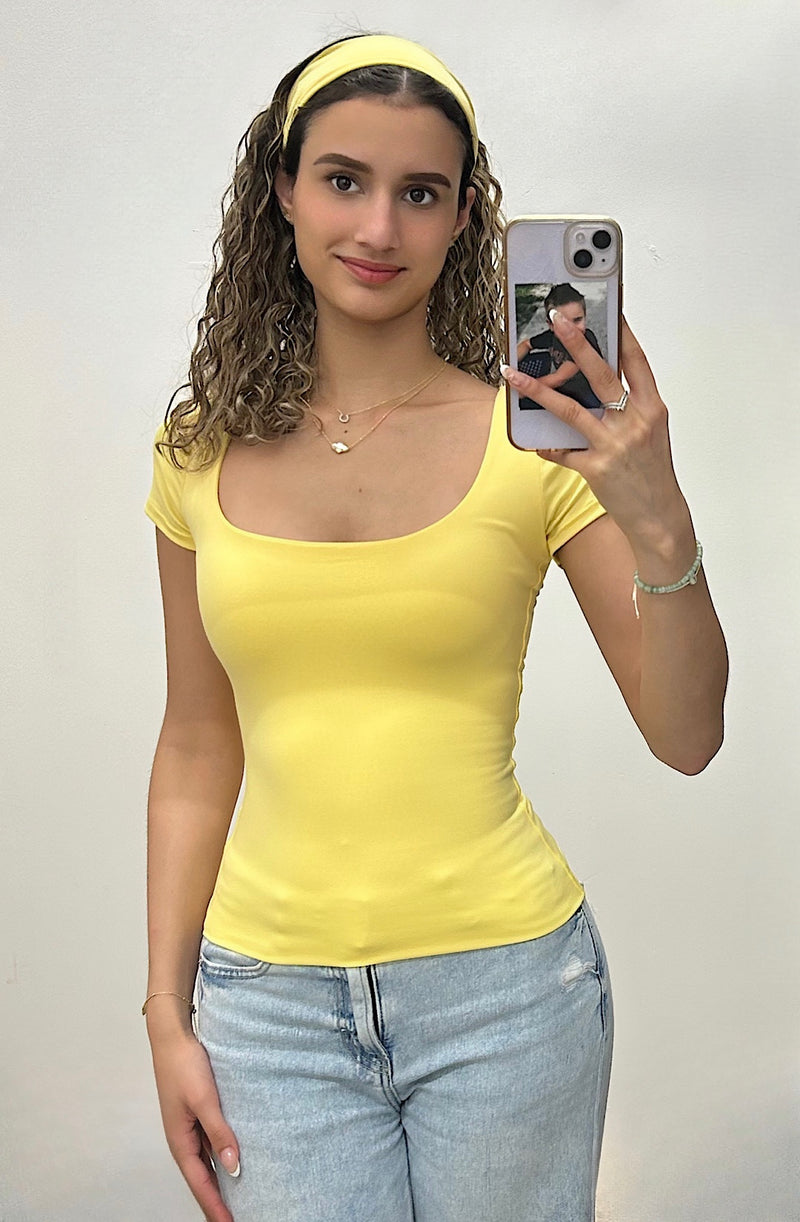 Yellow White Square Neck Top with Headband