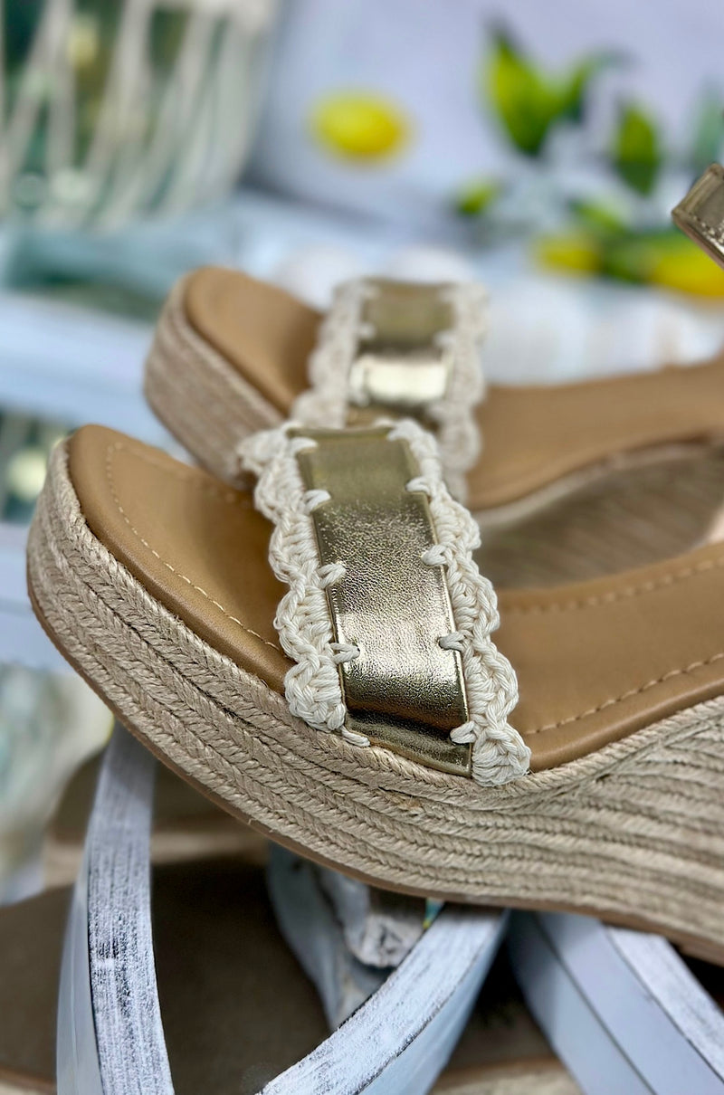 Gold Coastal Crochet Platform Wedge