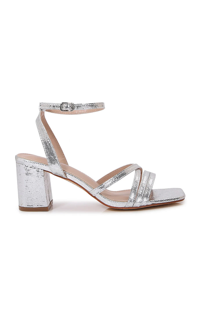 Silver Chunky Block Heel Strappy Sandals