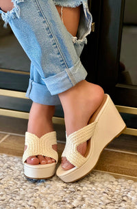 Ivory Raffia Slide-On Wedge Mules