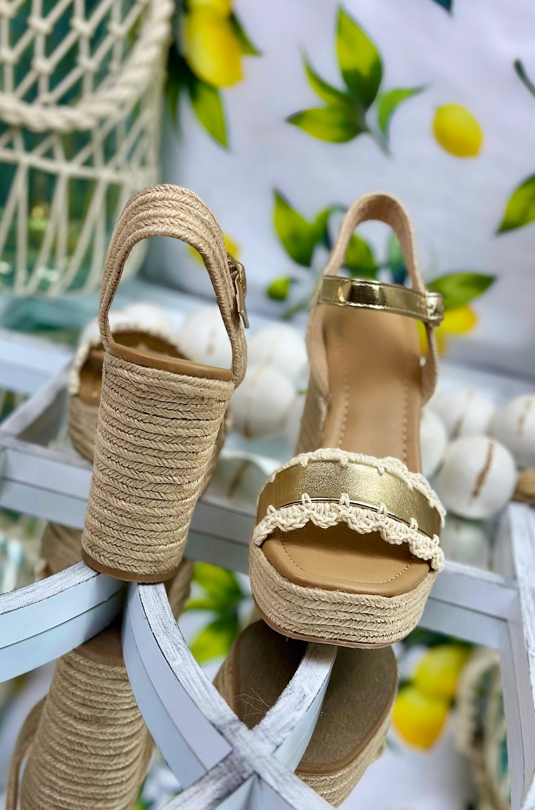 Gold Coastal Crochet Platform Wedge