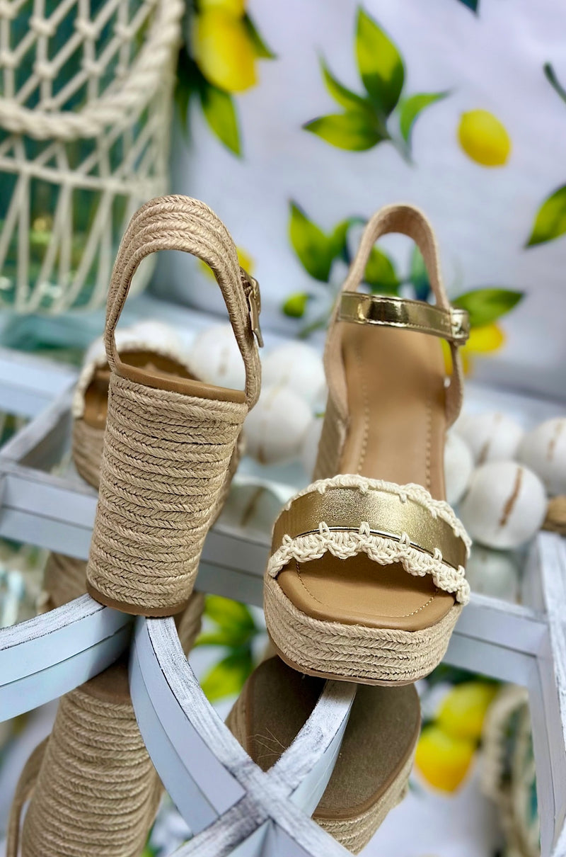 Gold Coastal Crochet Platform Wedge