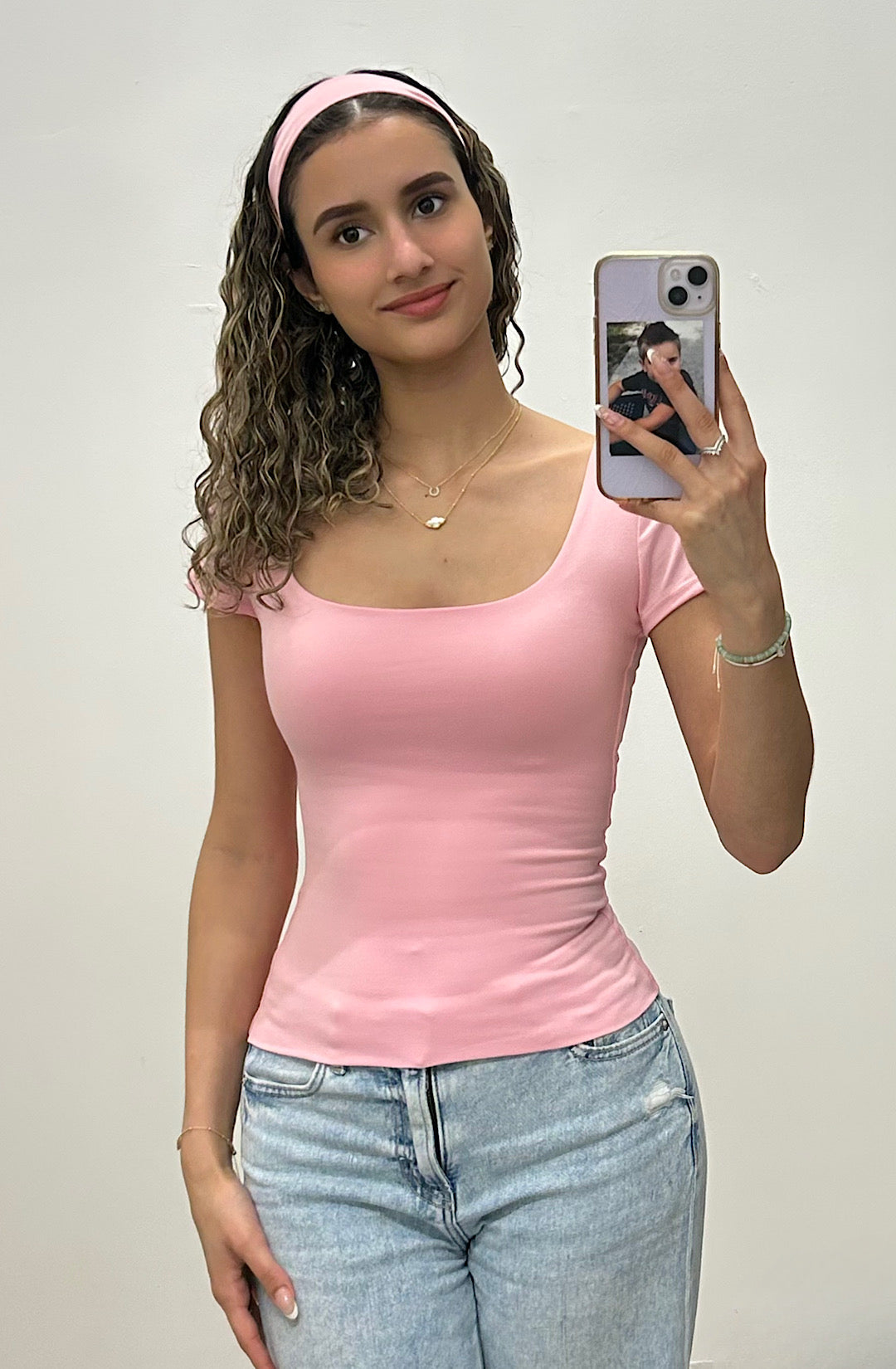 Pink White Square Neck Top with Headband