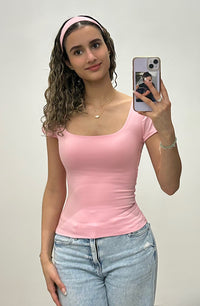 Pink White Square Neck Top with Headband