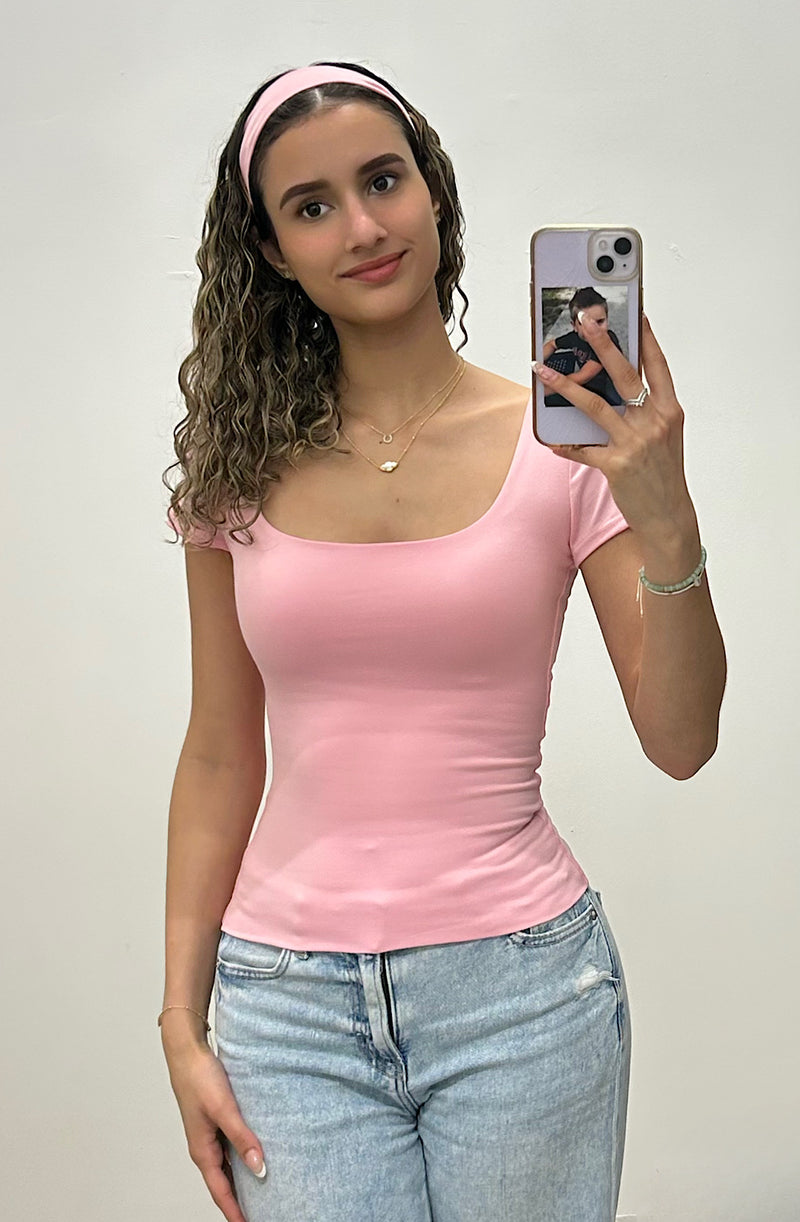 Pink White Square Neck Top with Headband