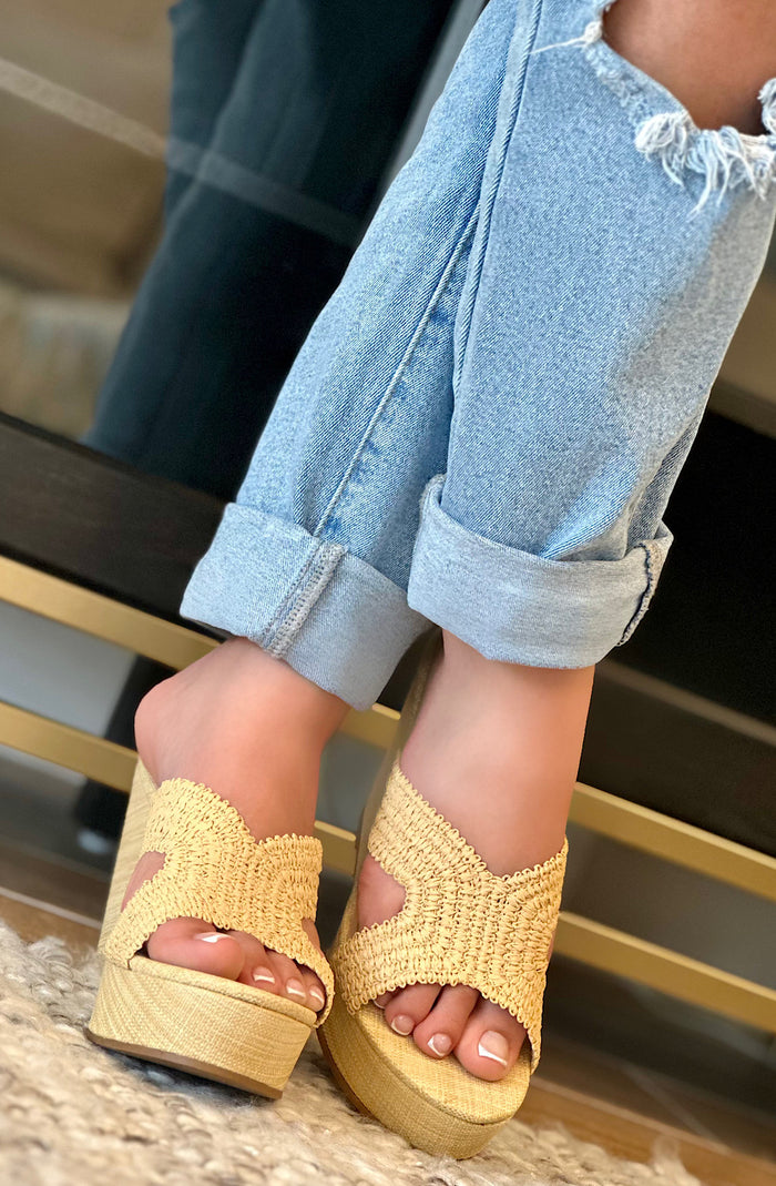 Raffia Slide-On Wedge Mules