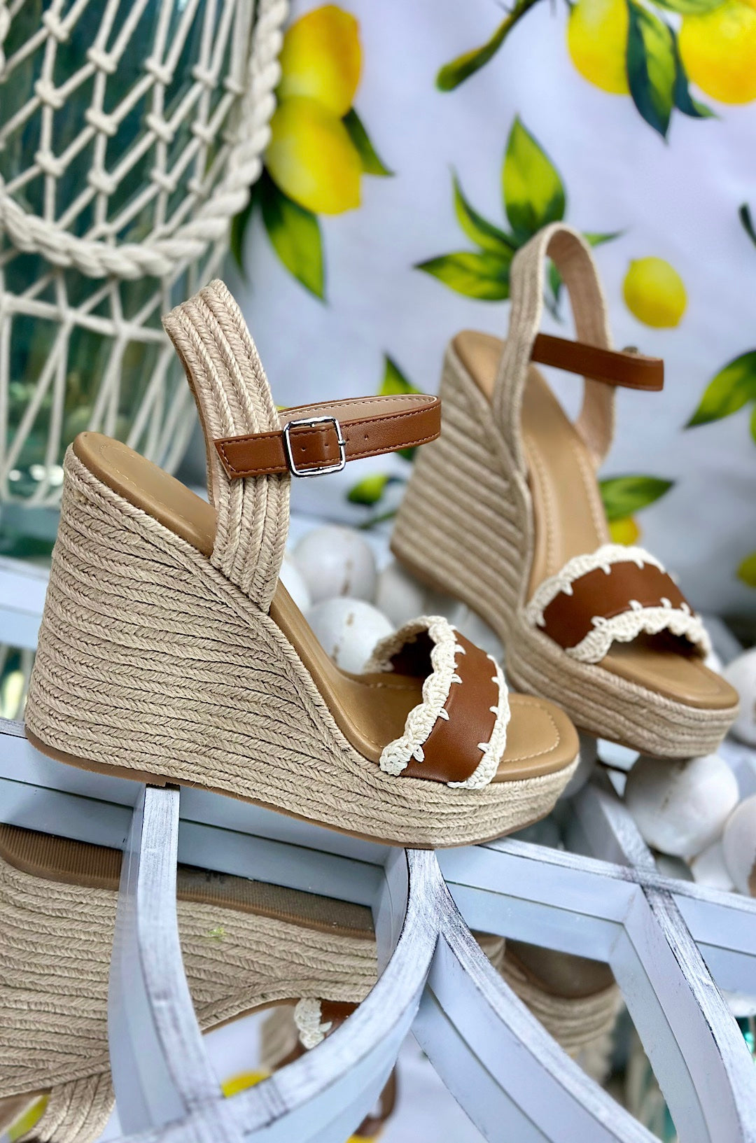 Brown Coastal Crochet Platform Wedge