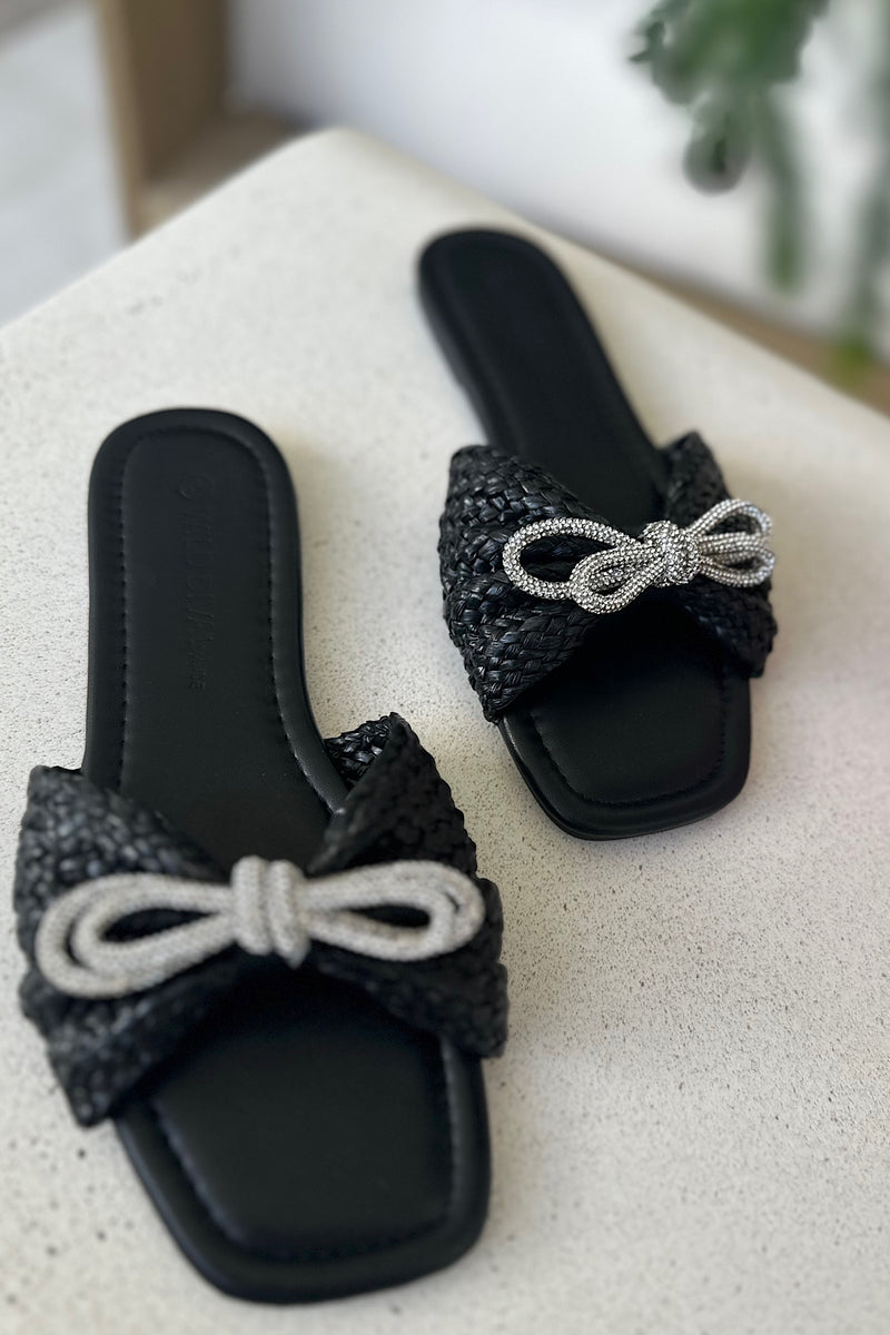 Bow Rhinestone Sandals Black