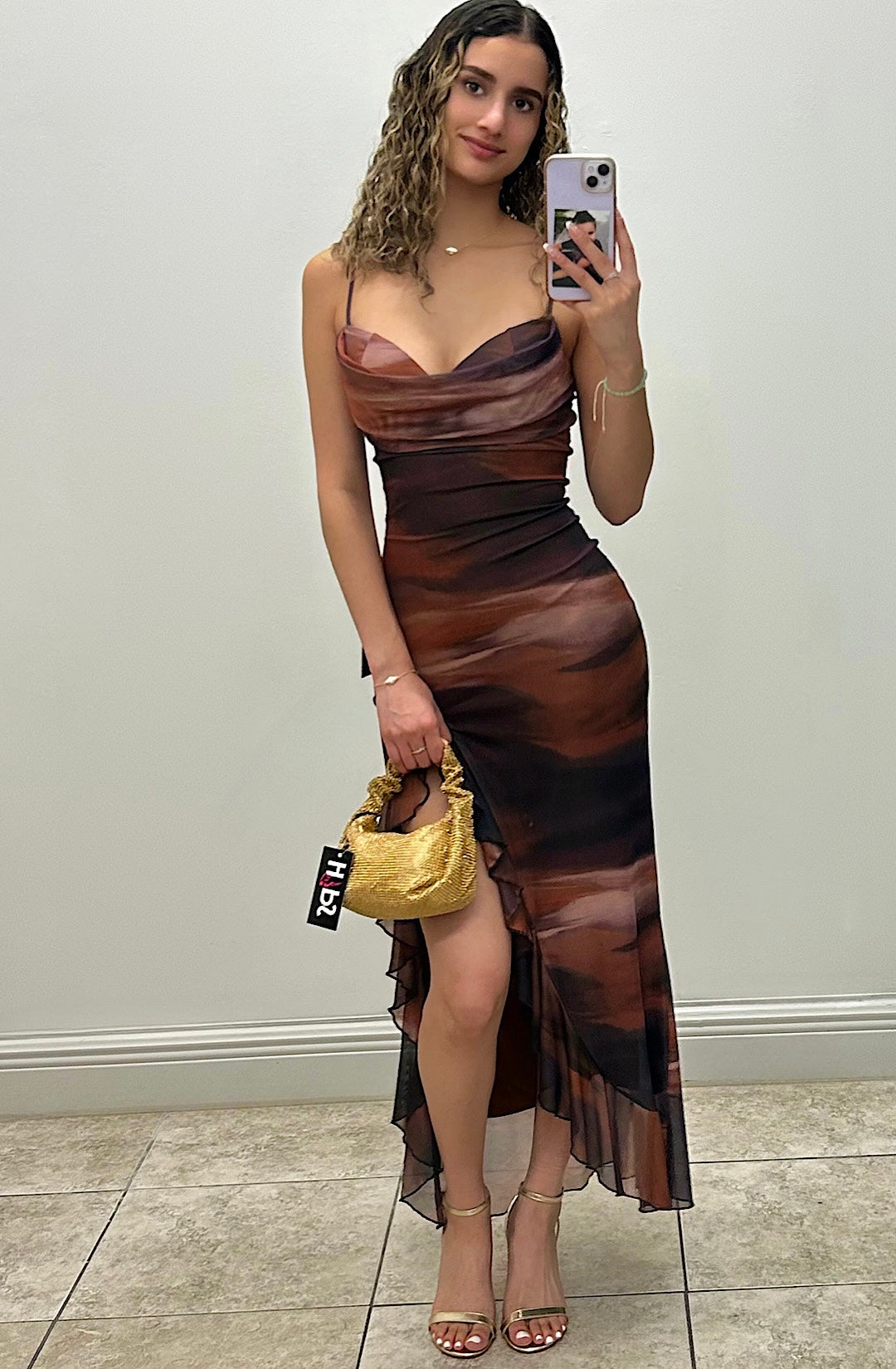 Ruffle Slit Mesh Maxi Dress