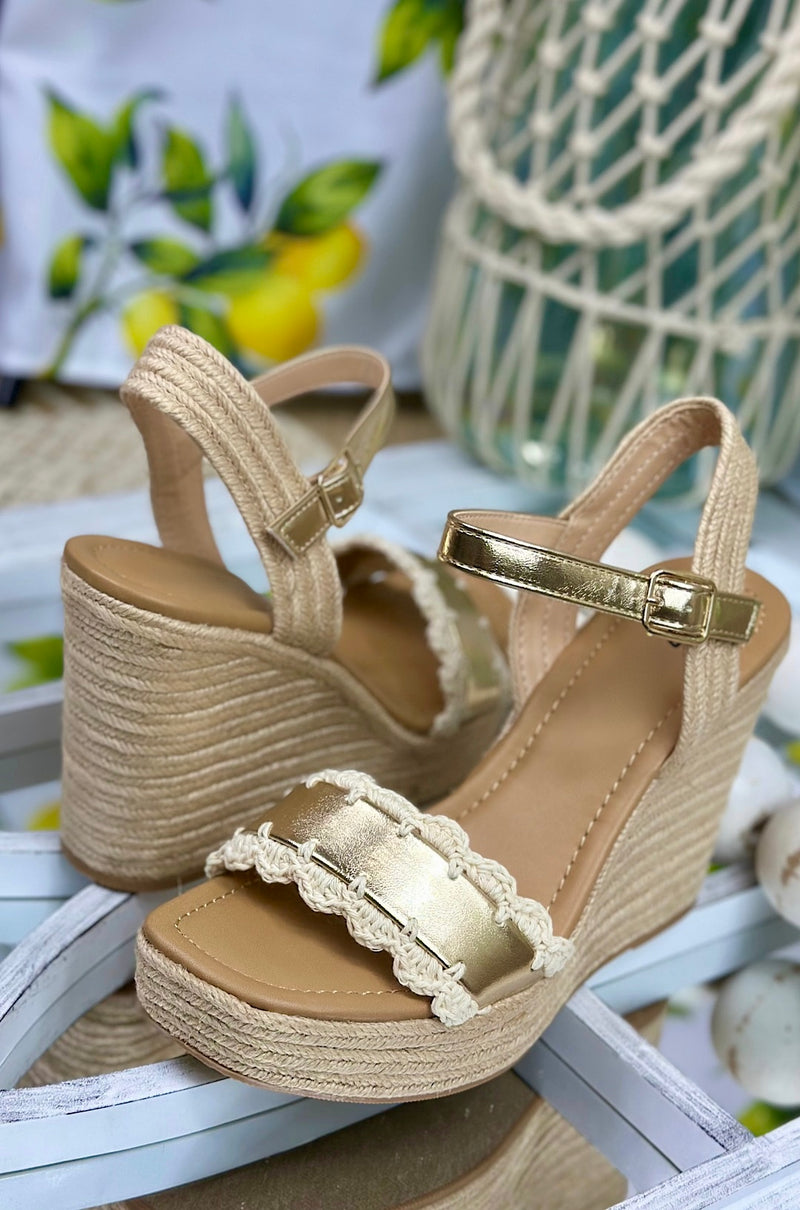 Gold Coastal Crochet Platform Wedge