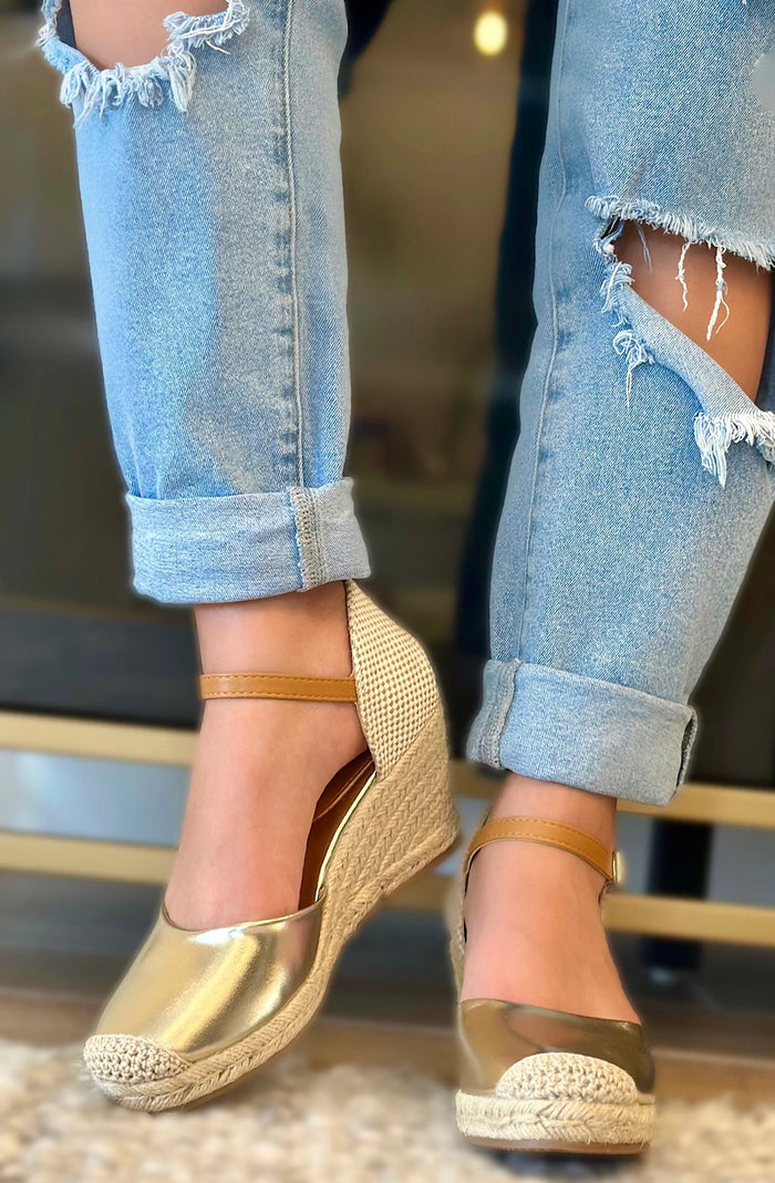 Gold Metallic Espadrille Wedge