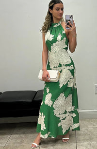 Floral Halter Open Back Dress Green