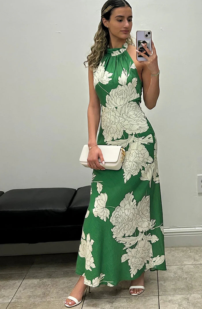 Floral Halter Open Back Dress Green