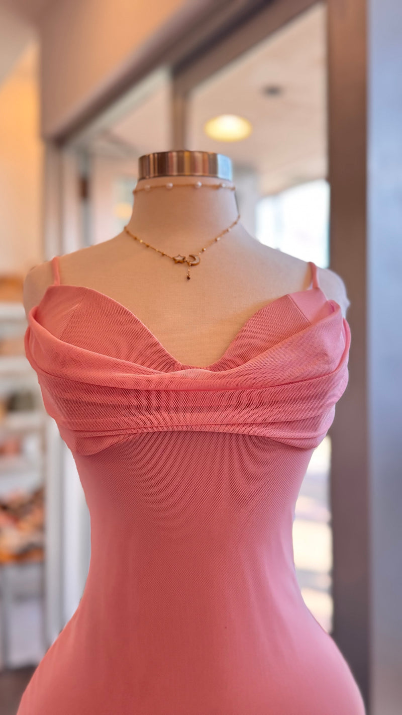 Pink Ruffle Slit Mesh Maxi Dress