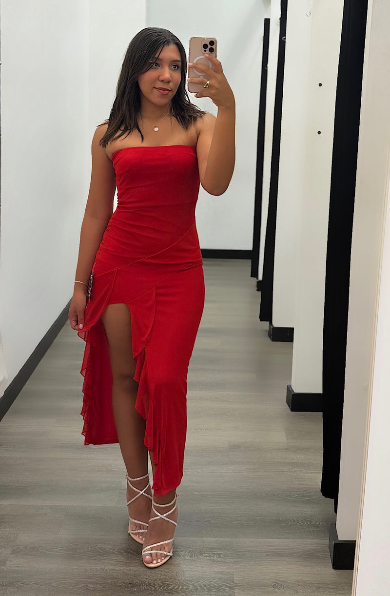 Red Ruffle Slit Dress