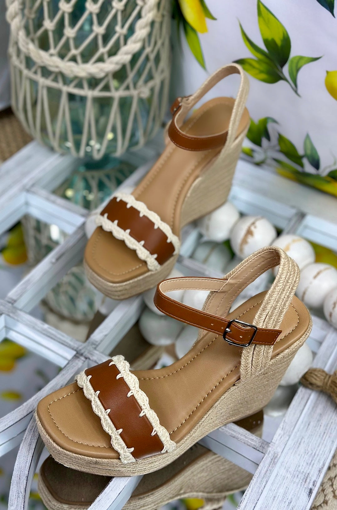 Brown Coastal Crochet Platform Wedge