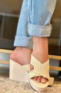 Ivory Raffia Slide-On Wedge Mules