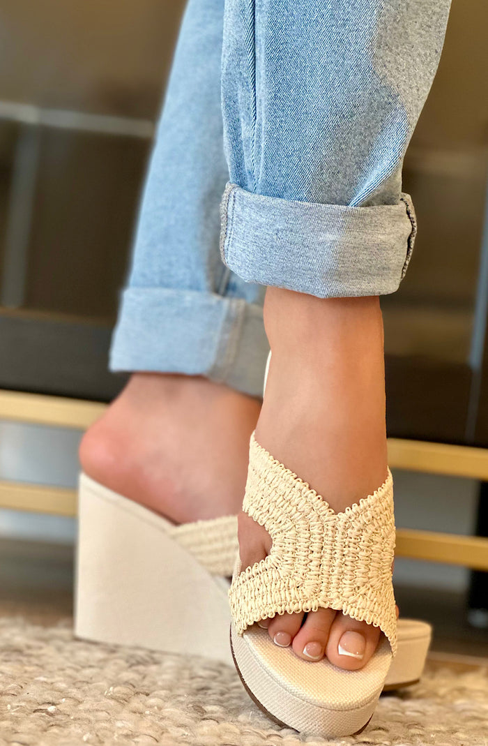 Ivory Raffia Slide-On Wedge Mules