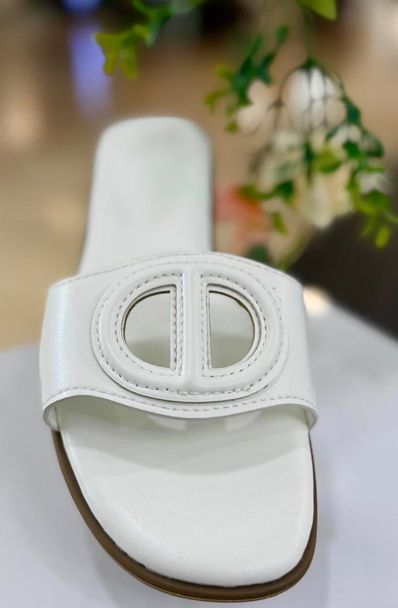 White Oval Buckle Cut-Out Slide Sandals
