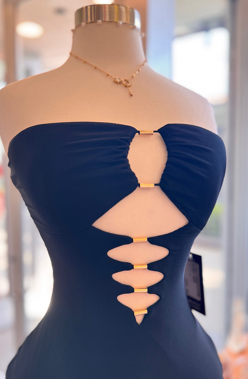 Strapless Mesh Cutout Maxi Dress