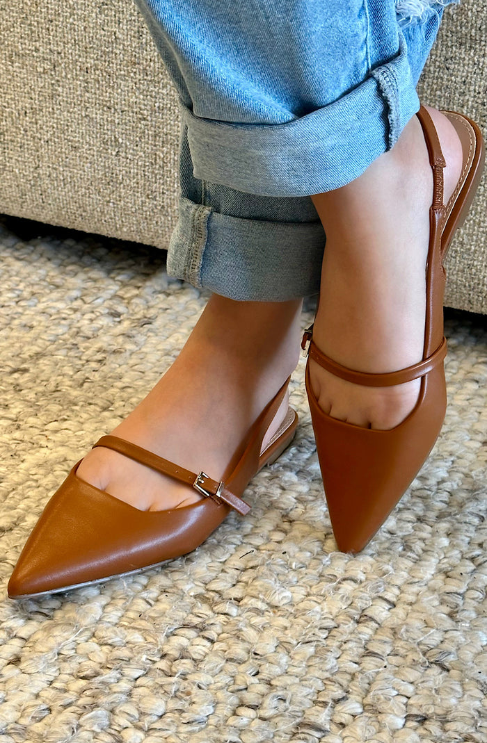 Camel Pointed Toe Slingback Flats