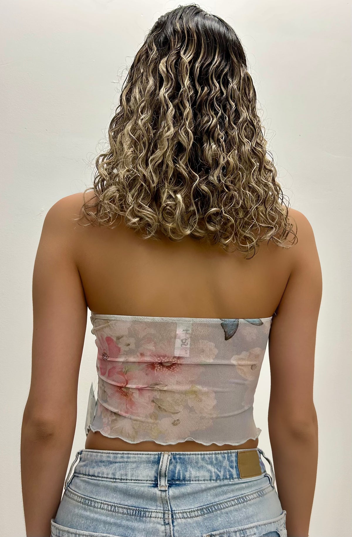 Mesh Floral Print Front Slit Tube Top