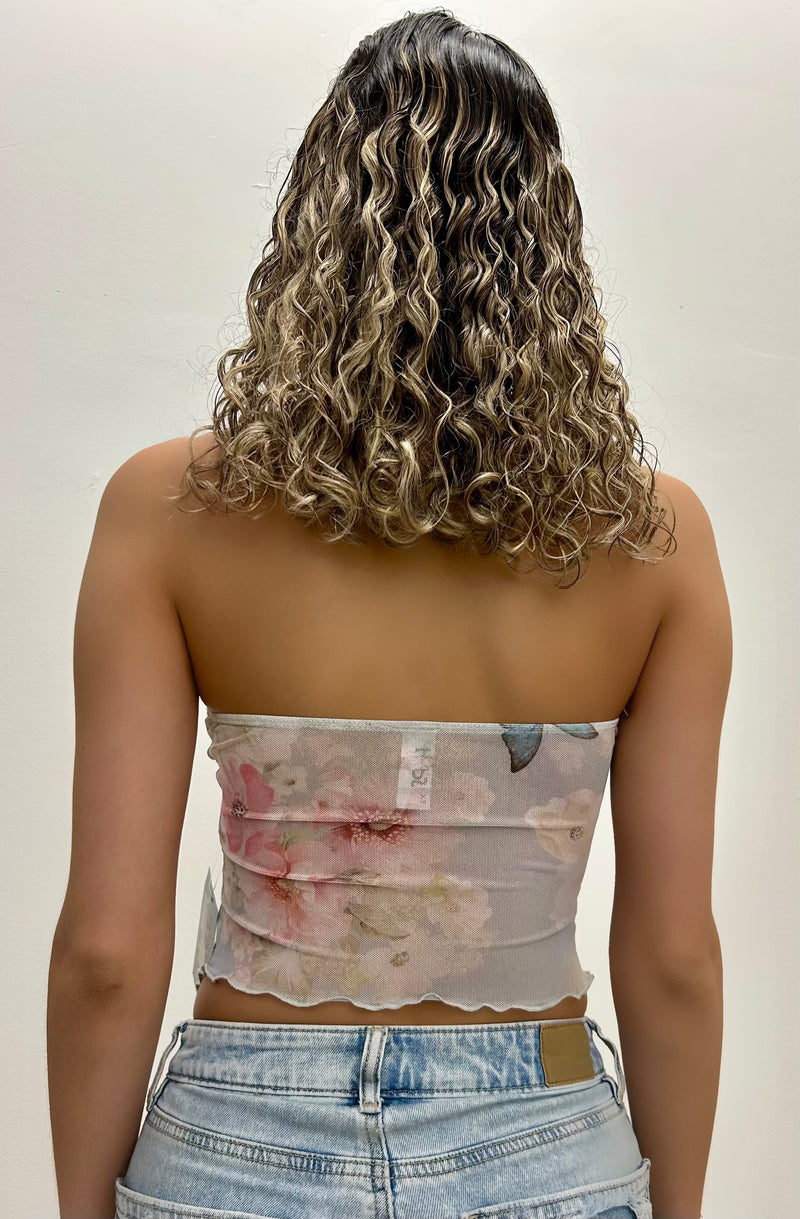 Mesh Floral Print Front Slit Tube Top