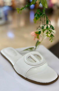 White Oval Buckle Cut-Out Slide Sandals