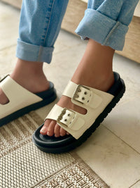 White Buckle Slide Sandals