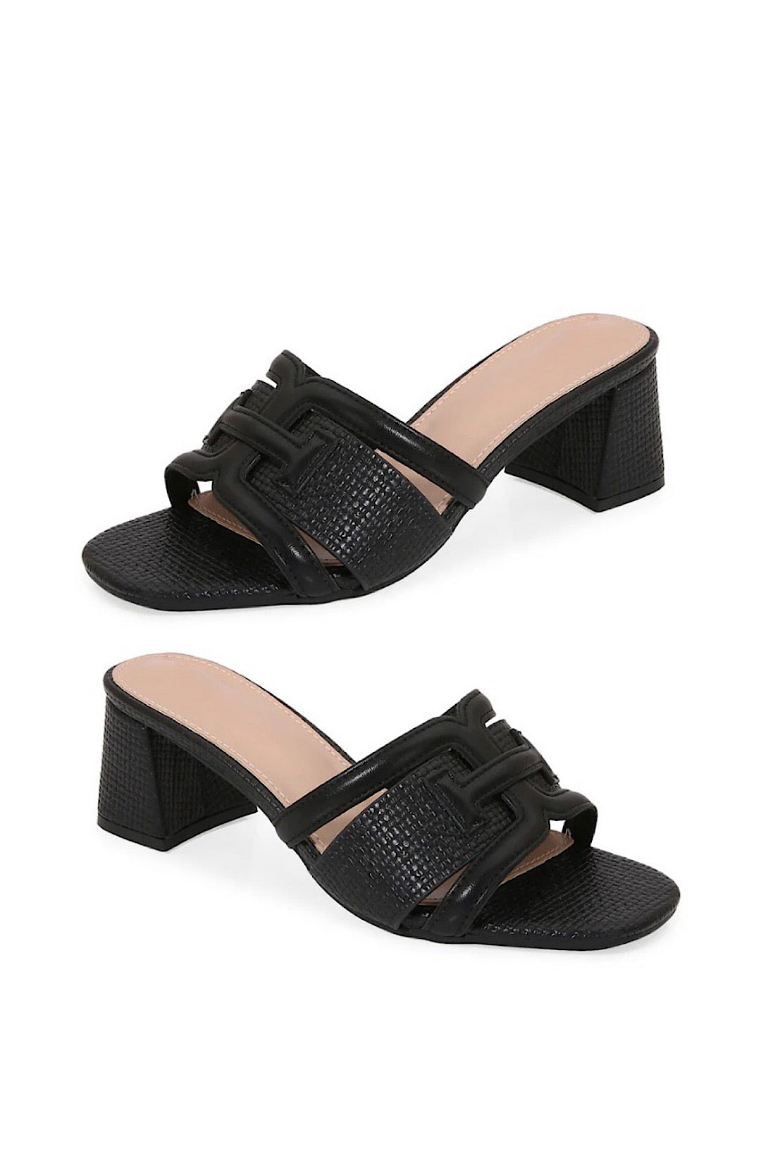 Black Raffia Block Heel Slide Sandals