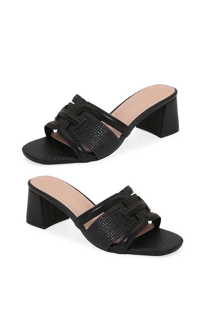 Black Raffia Block Heel Slide Sandals