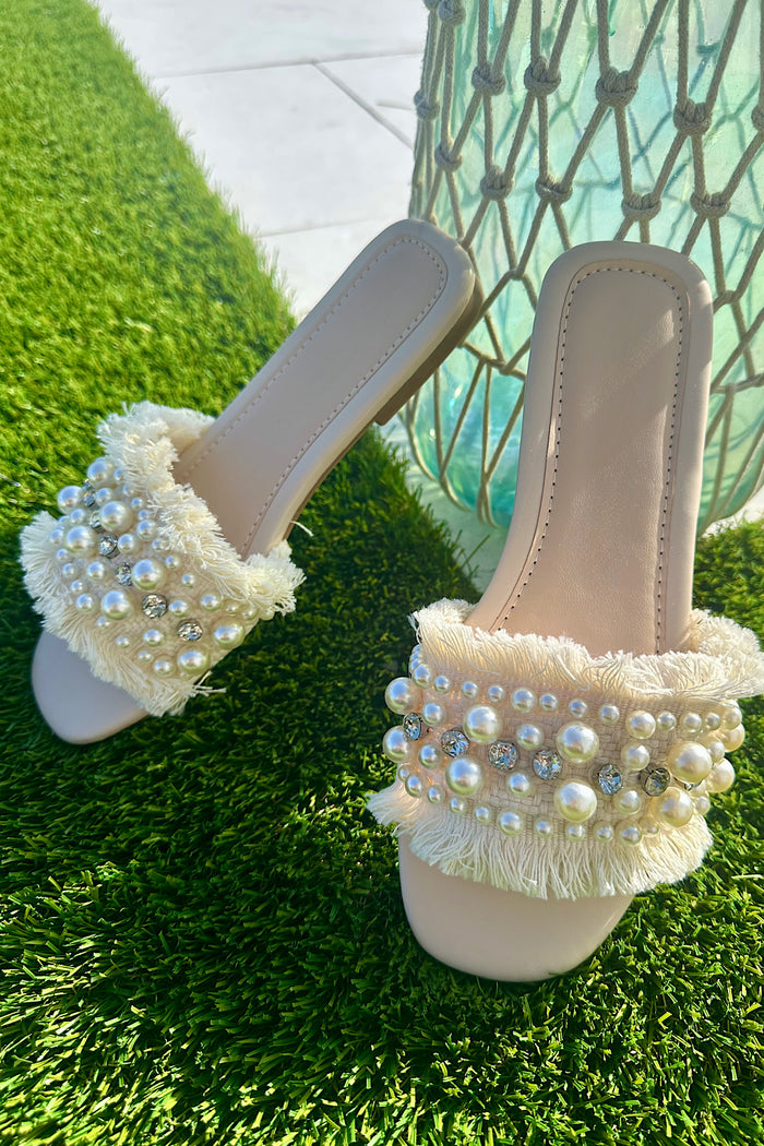 Pearl Embellished Woven Slide Sandals
