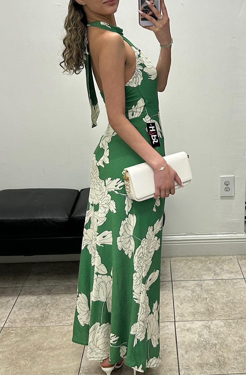 Floral Halter Open Back Dress Green Green / Small Floral Halter Open Back Dress Green Green / Small