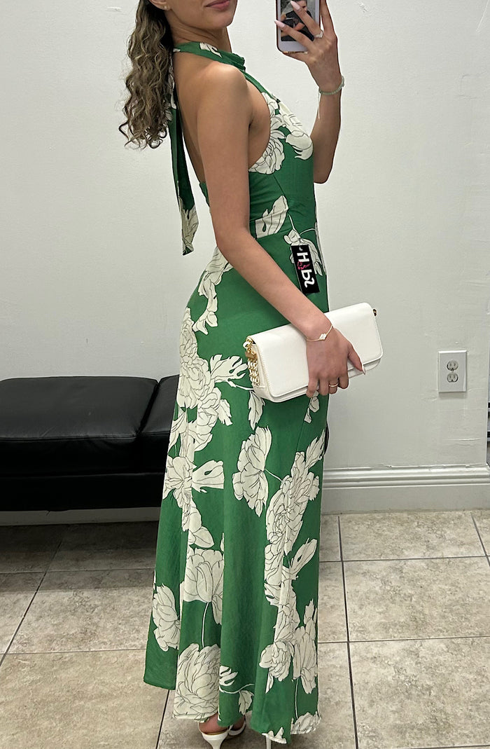 Floral Halter Open Back Dress Green