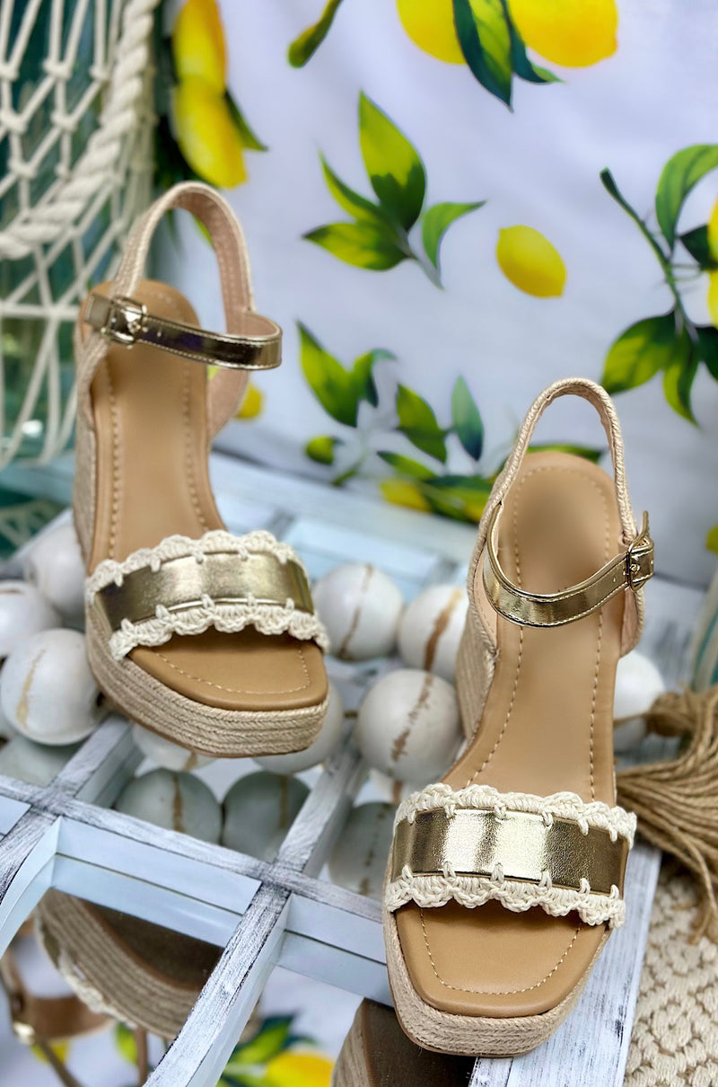 Gold Coastal Crochet Platform Wedge