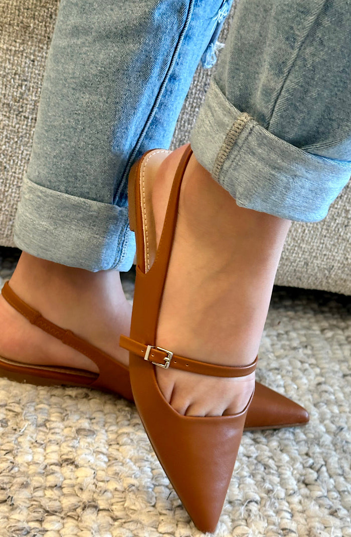 Camel Pointed Toe Slingback Flats