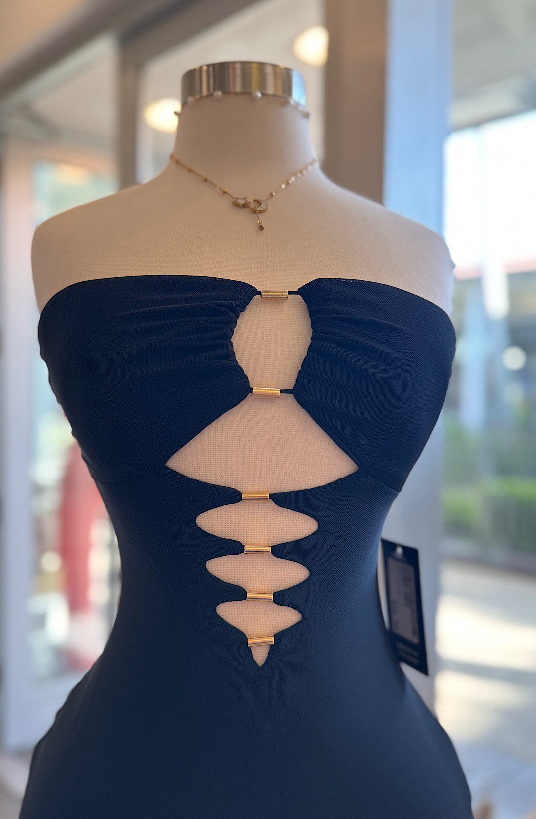 Strapless Mesh Cutout Maxi Dress