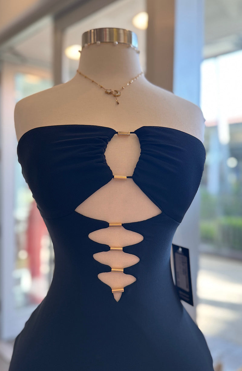 Strapless Mesh Cutout Maxi Dress