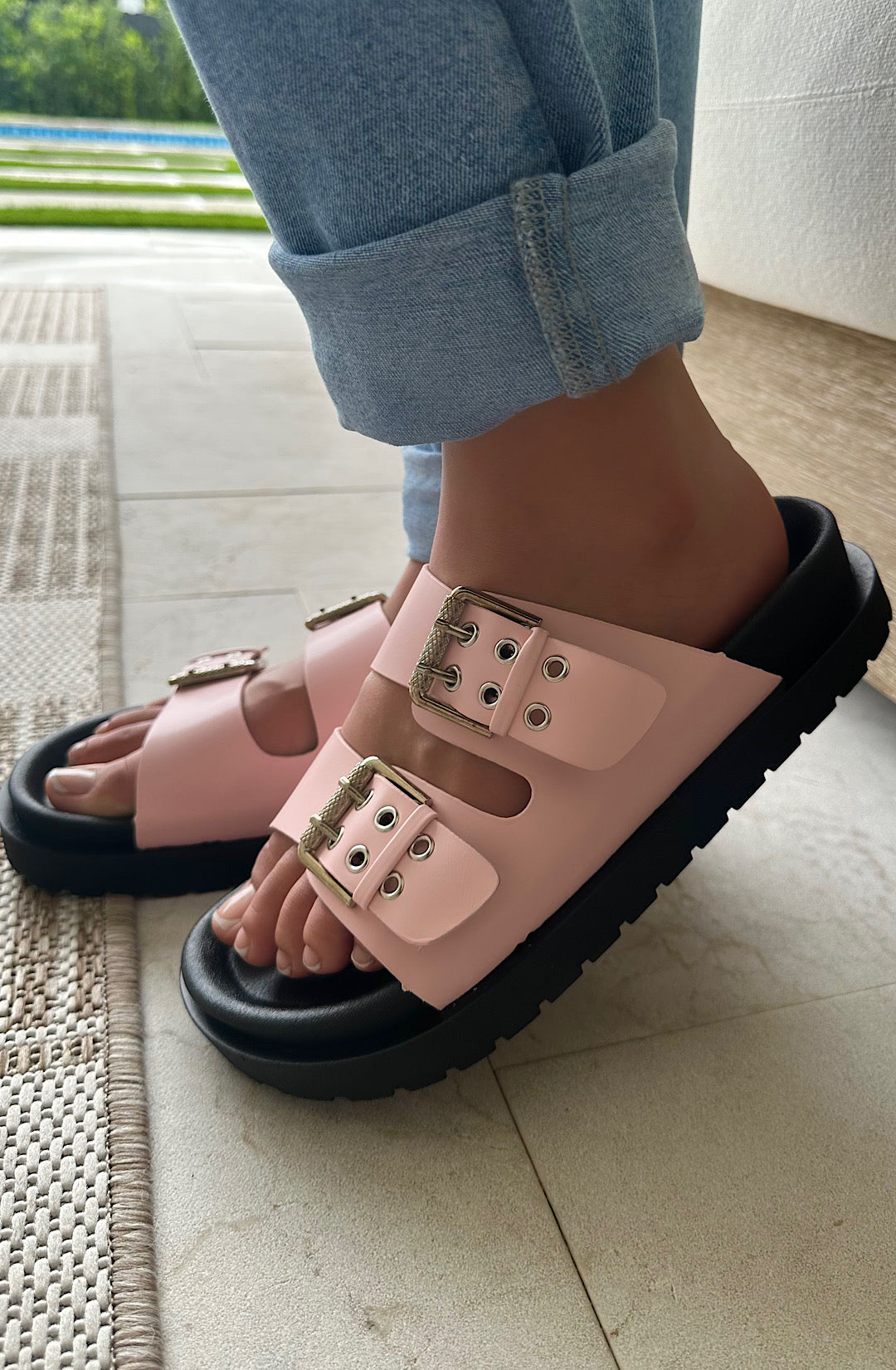 Pink Buckle Slide Sandals