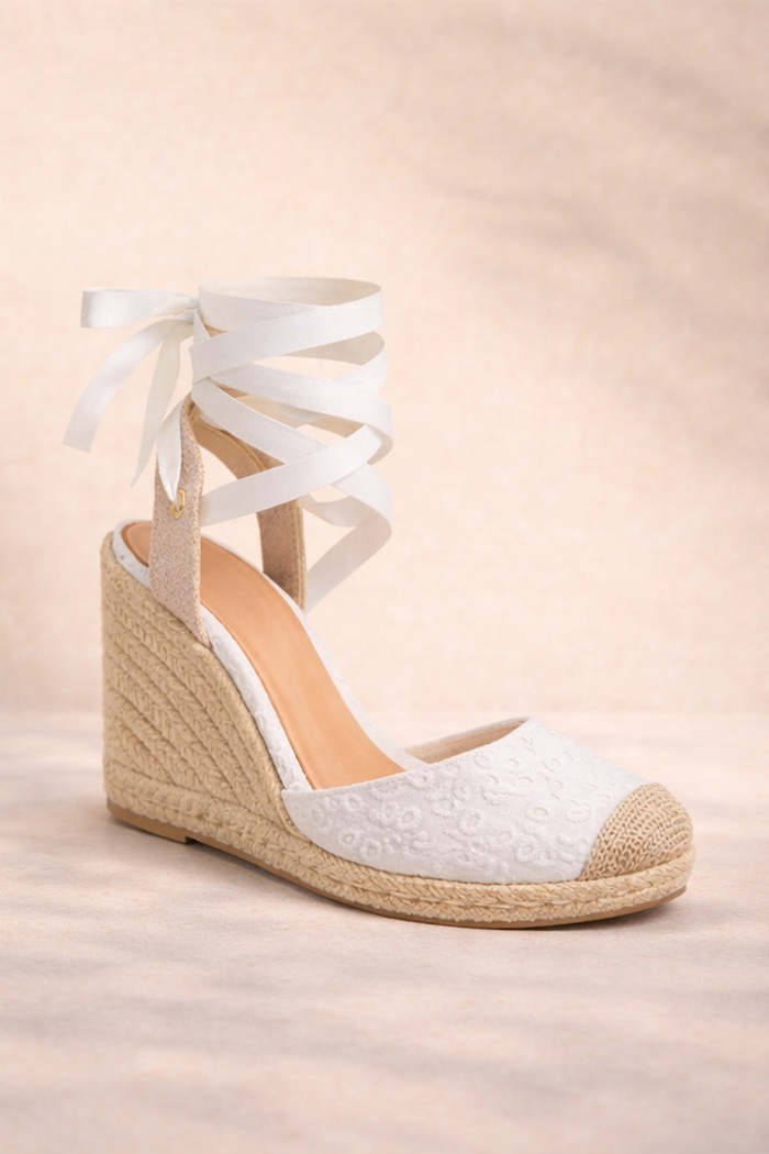 White Eyelet Espadrille Wedges