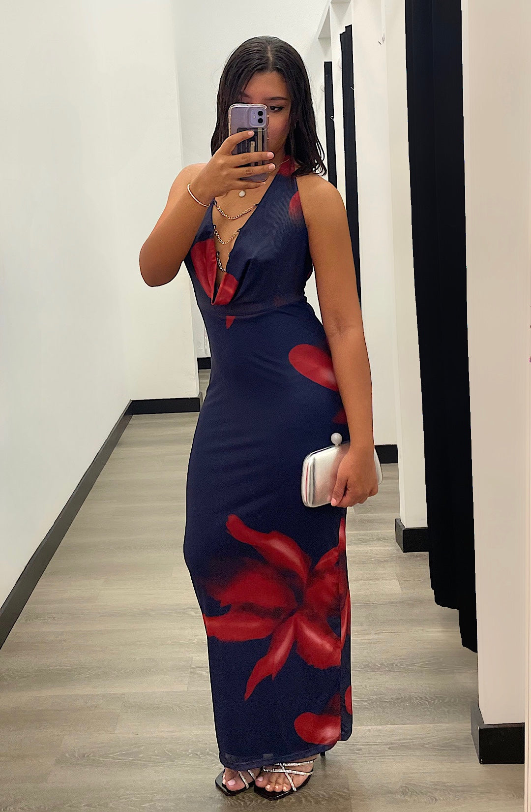 Navy Double Mesh Halter Maxi Dress