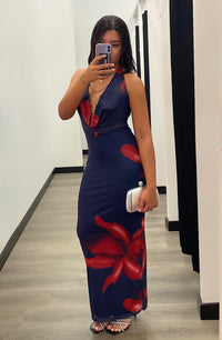 Navy Double Mesh Halter Maxi Dress