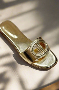 Gold Oval Buckle Cut-Out Slide Sandals.