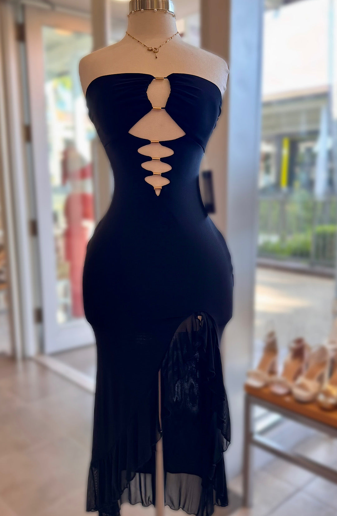 Strapless Mesh Cutout Maxi Dress