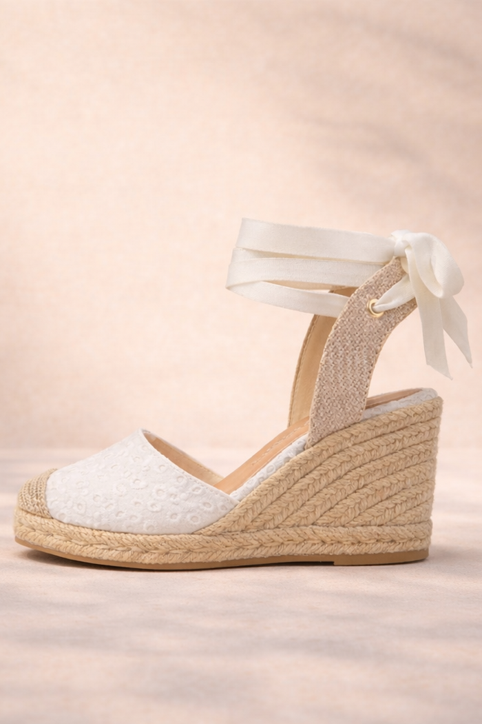 White Eyelet Espadrille Wedges
