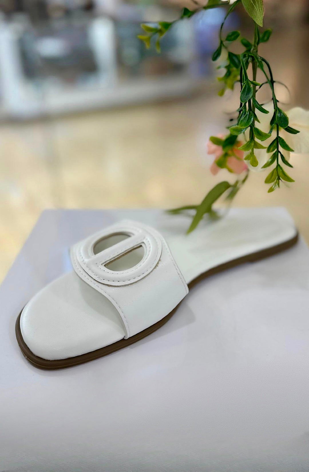 White Oval Buckle Cut-Out Slide Sandals