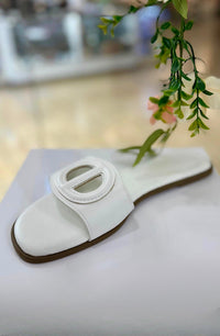 White Oval Buckle Cut-Out Slide Sandals
